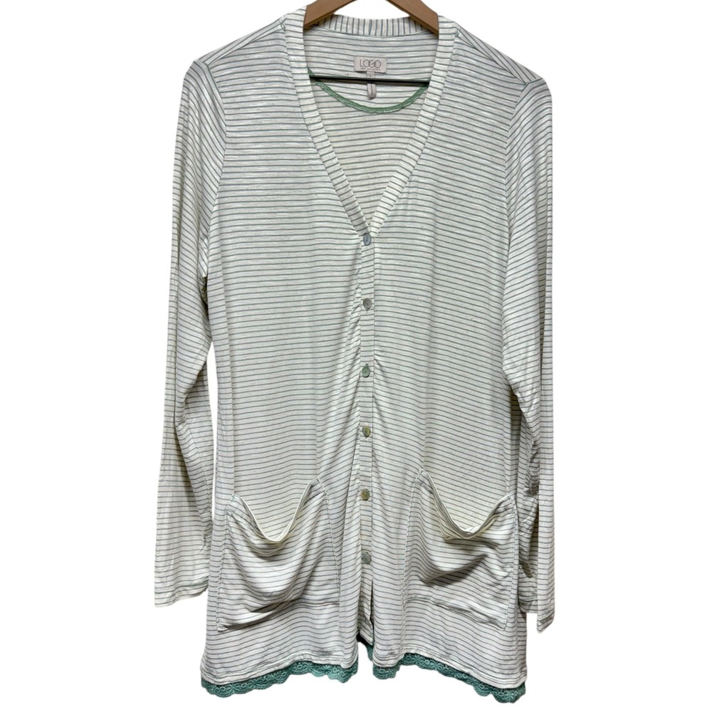 Logo Lori Goldstein Top Women L Stripe Button Up Crochet Trim Pocket Lagenlook